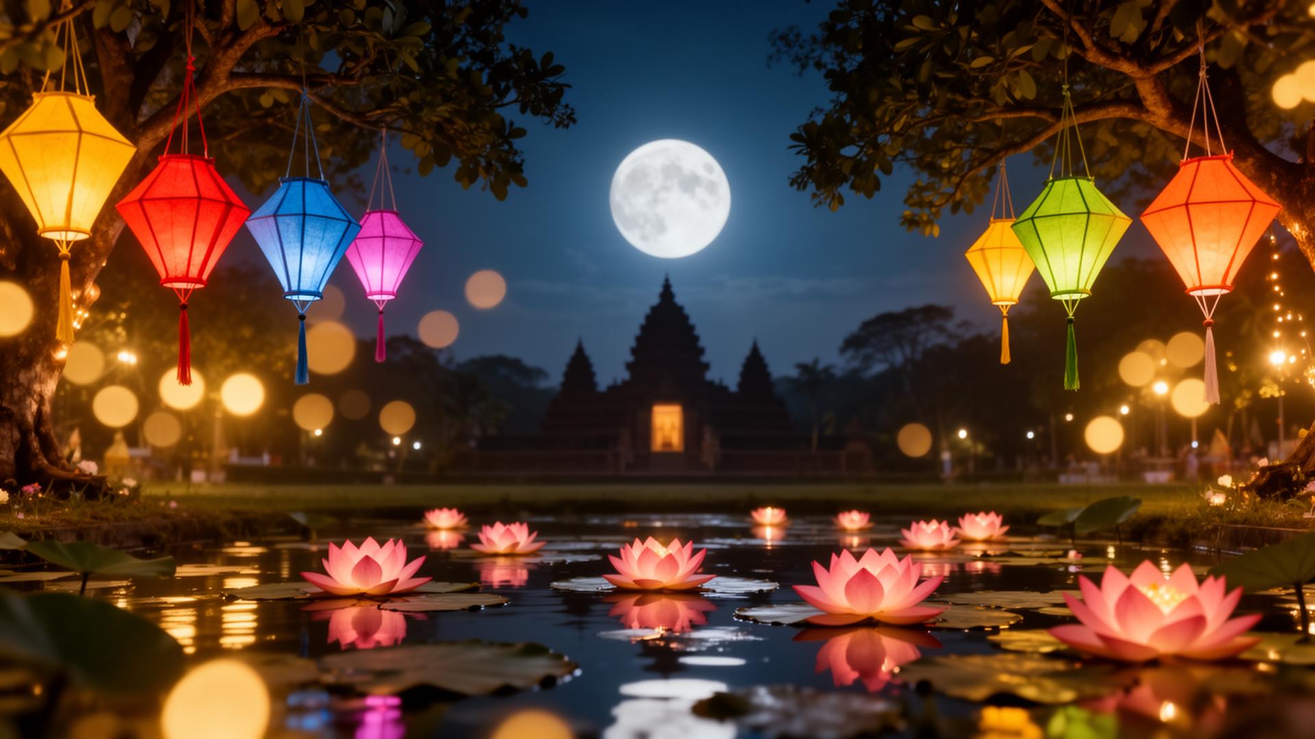 Vesak lanterns and lotus